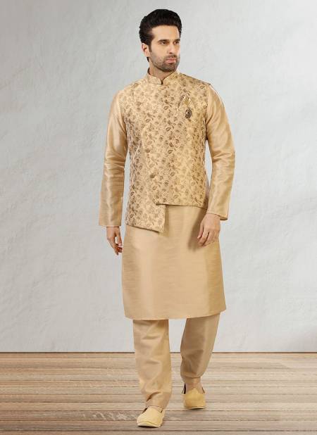 Beige Colour New Festive Wear Jacquard Banarasi Silk Digital Print Kurta Pajama With Jacket Mens Collection 1068